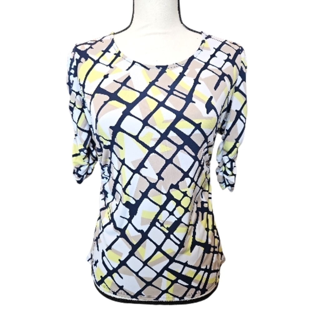 Alfani Petite Abstract Grid Print Women's Top-Dark Navy, Beige, White & Yellow